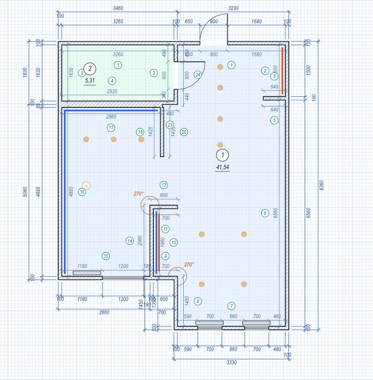 Apartment floor plan with dimensions, windows, doors and lights in the GrabSketch floor plan editor