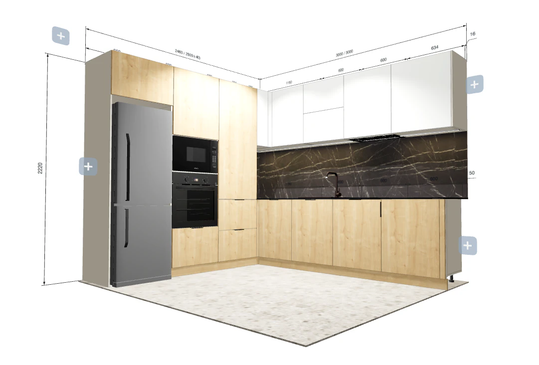 Eckküche mit Kühlschrank-Hochschrank und Einbaugeräten im Küchenplaner