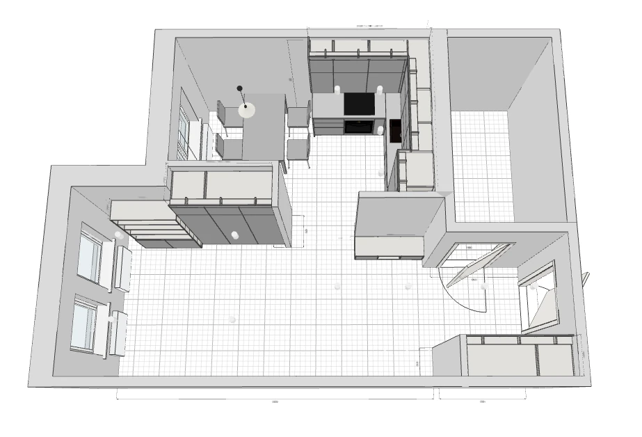 3D-Draufsicht einer Wohnung: Küche, Schränke und Möbel, geplant in GrabSketch