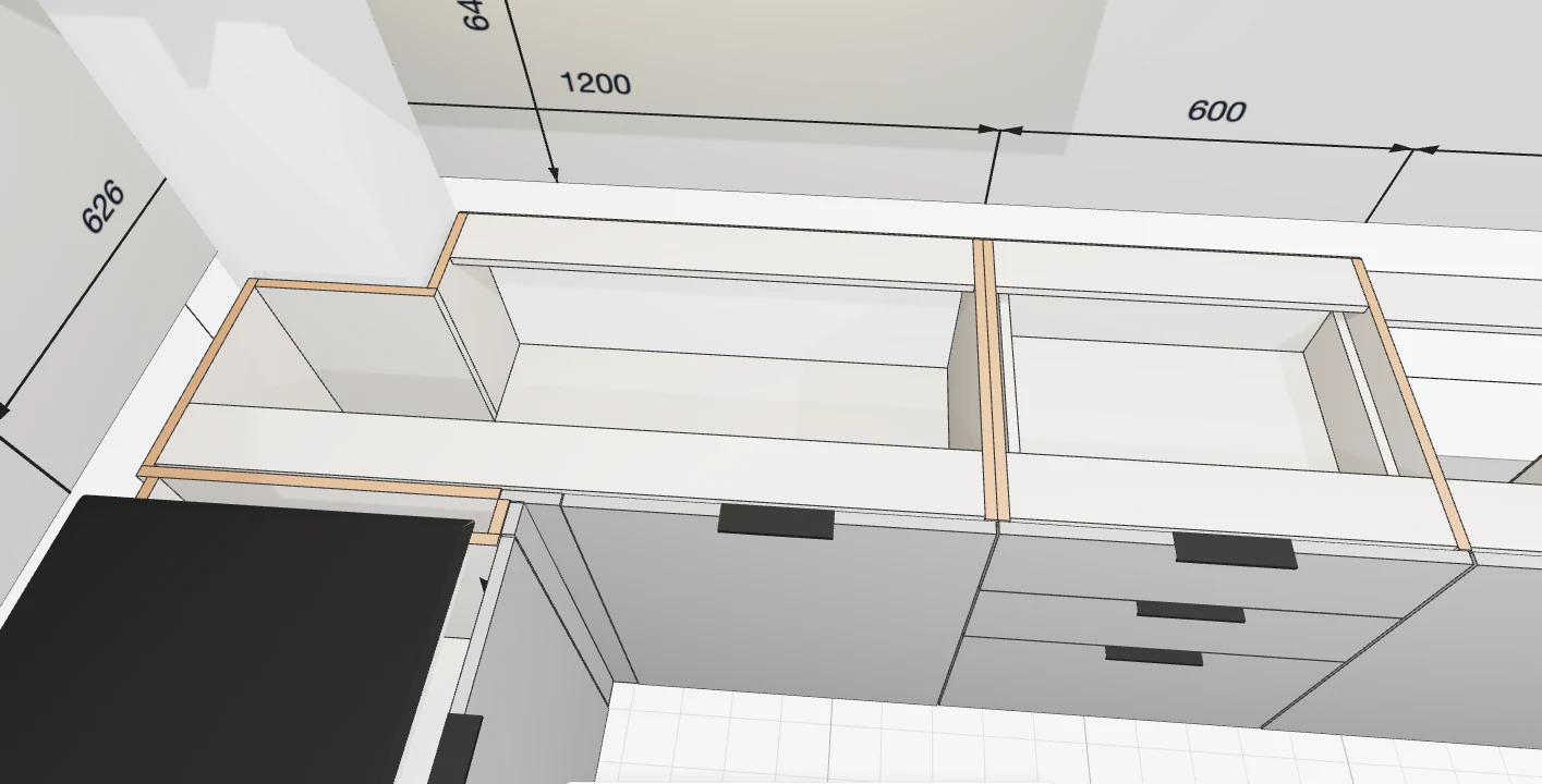 A cutout in the countertop and facade around a column