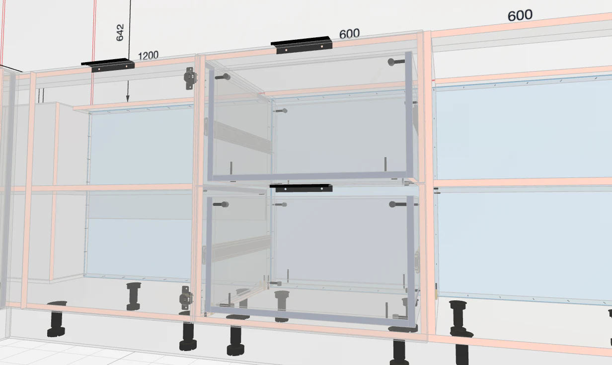 Dowel and cam-lock drilling points on transparent cabinet panels