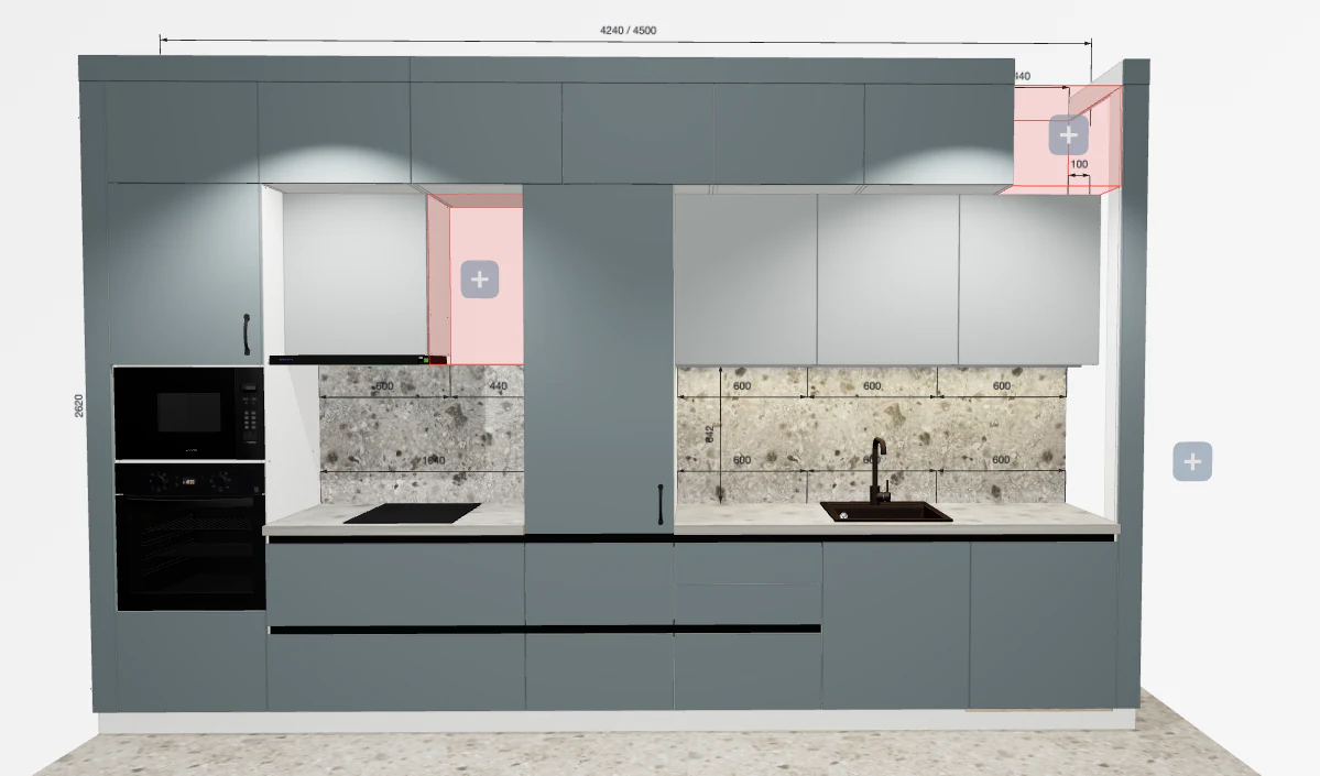 Kitchen cabinets rearranging themselves as a module is dragged into place