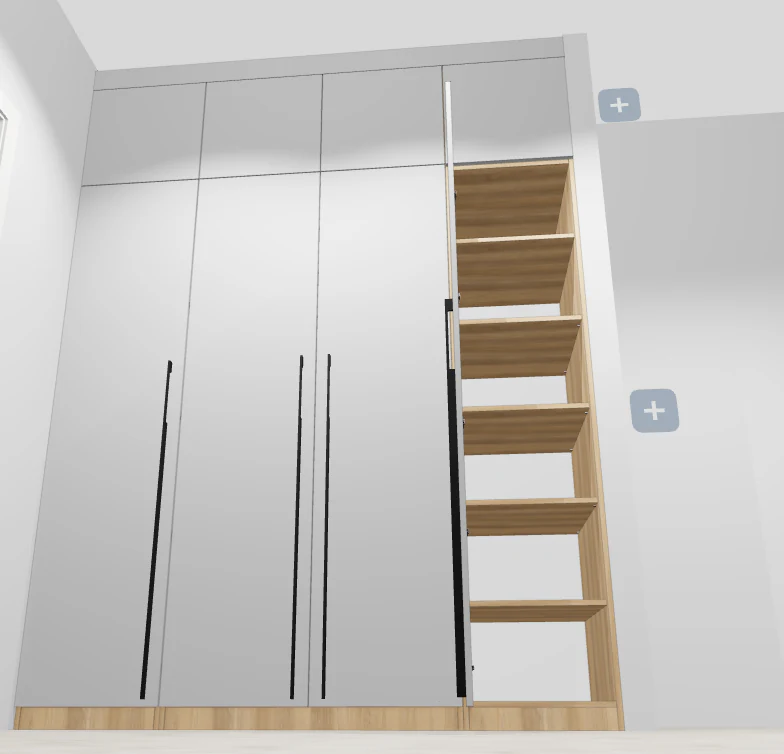 Wardrobe with long vertical handles and an open door revealing wood-finish shelves