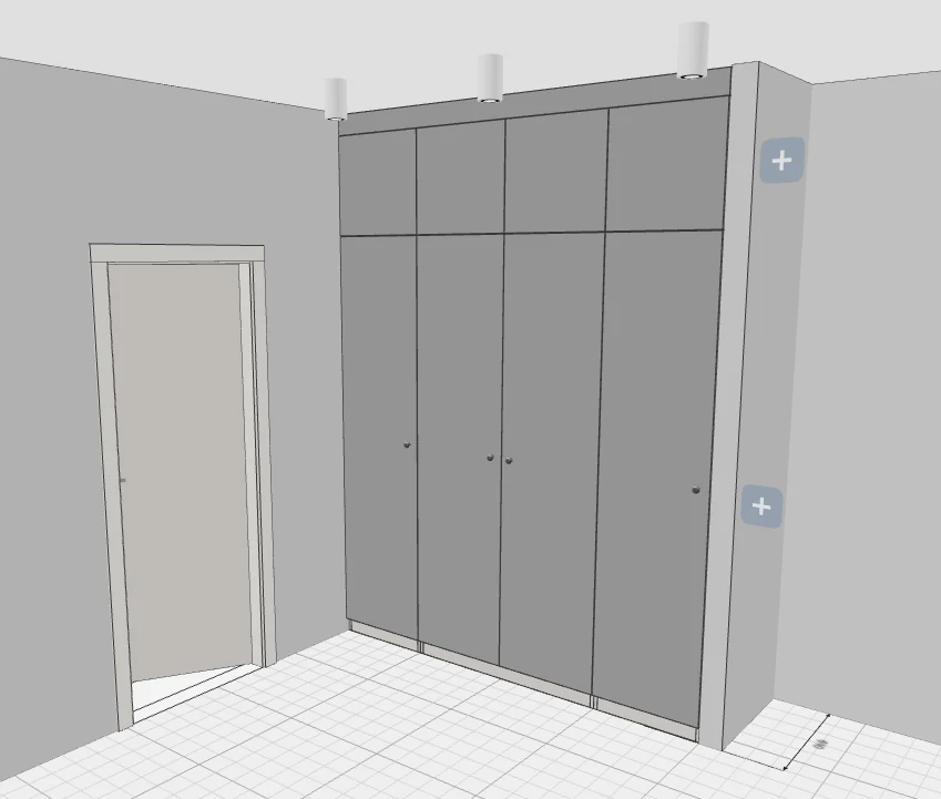 Floor-to-ceiling wardrobe with top units against a wall next to a door, in an apartment floor plan